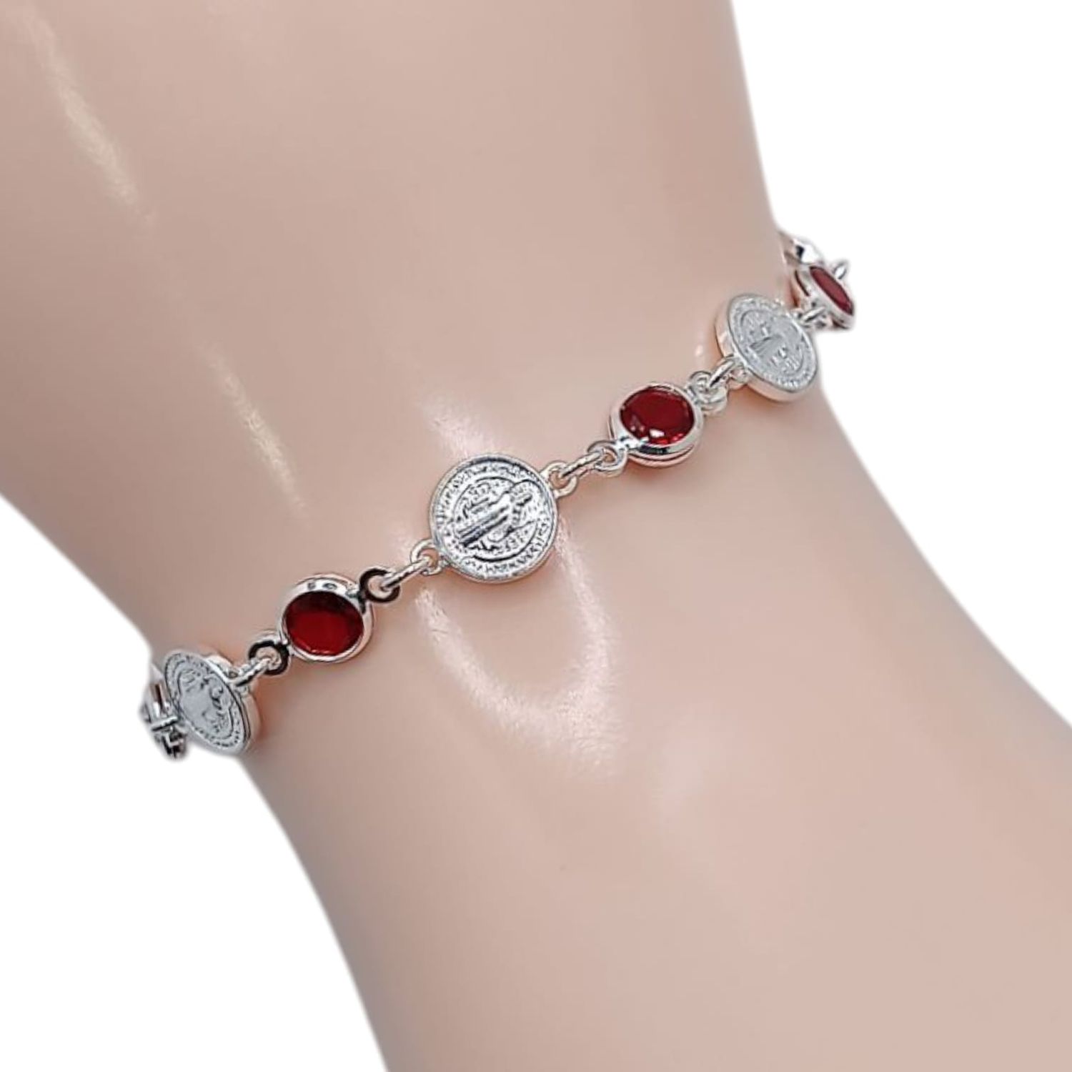 PULSERA SAN BENITO CON CZ ROJA 7.5&quot; PLATA .925