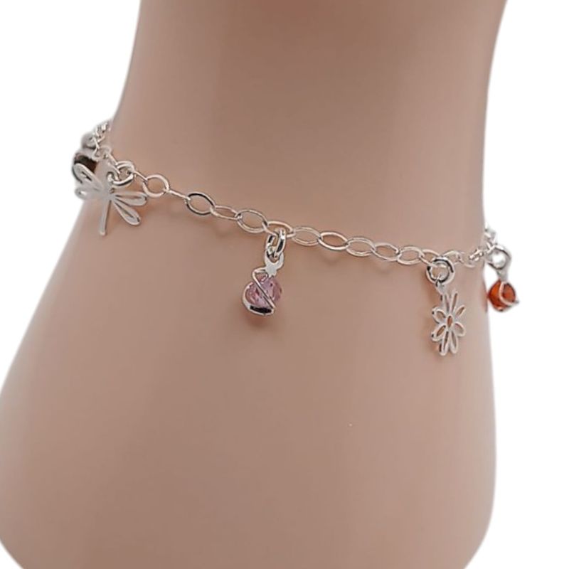 PULSERA  MULTICOLOR FLOR Y LIBELULA  COLGANTES 7.5&quot; PLATA .925