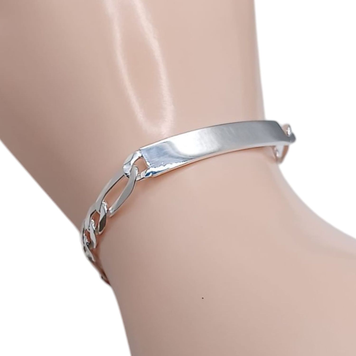PULSERA FIGARO CON PLACA 7&quot; 6.5 MM PLATA .925