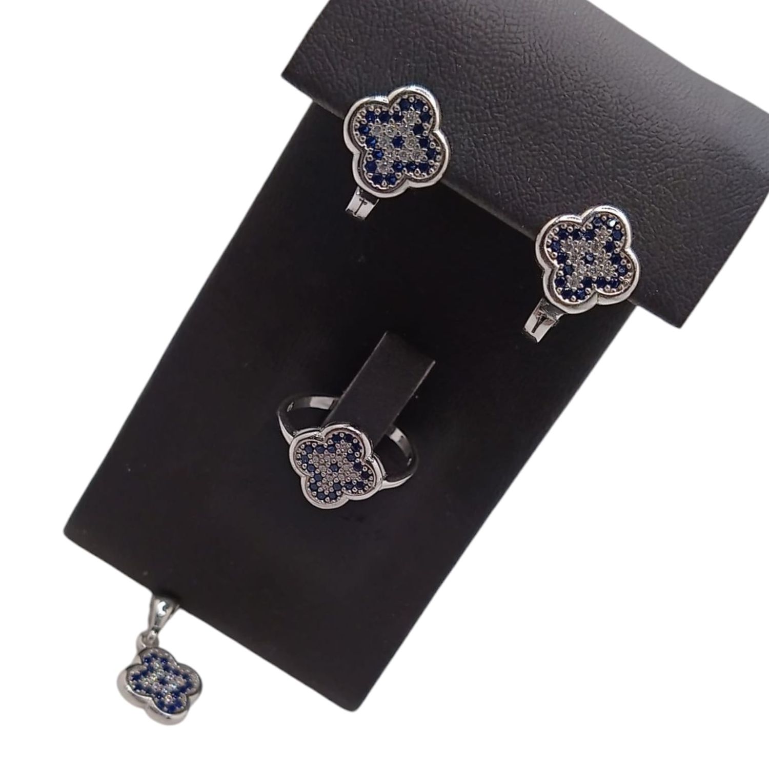 SET TREBOL AZUL MARINO ARETES, DIJE Y ANILLO# 7 PLATA .925