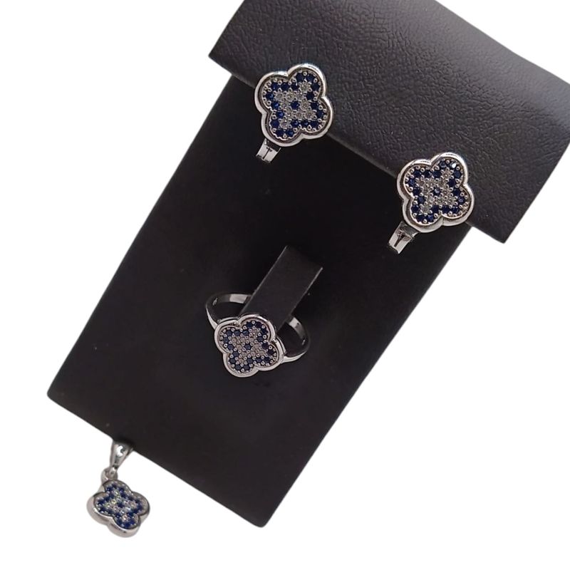 SET TREBOL AZUL MARINO ARETES, DIJE Y ANILLO# 7 PLATA .925