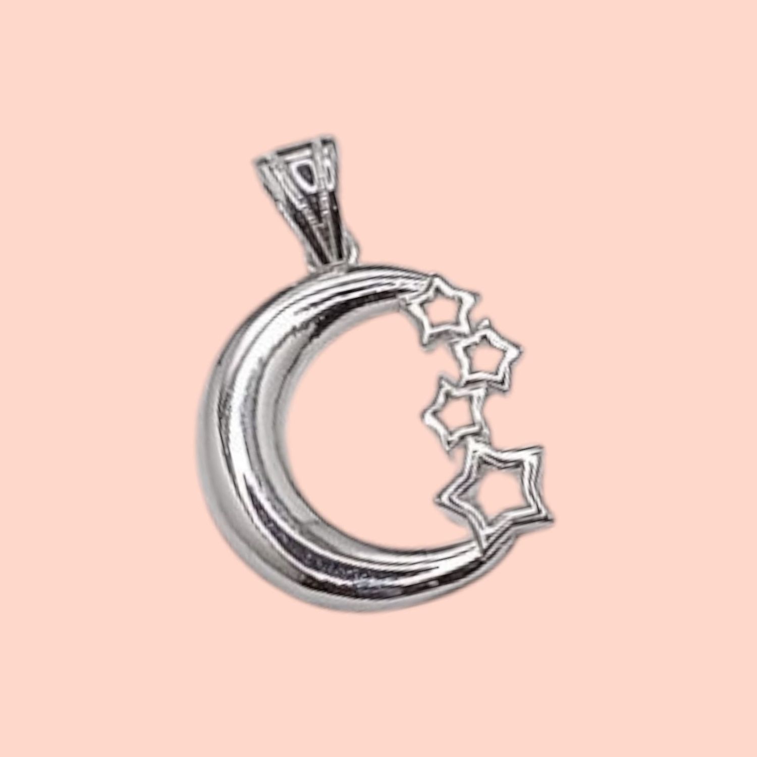 DIJE LUNA CON ESTRELLAS 2.5 CM LARGO TOTAL PLATA .925