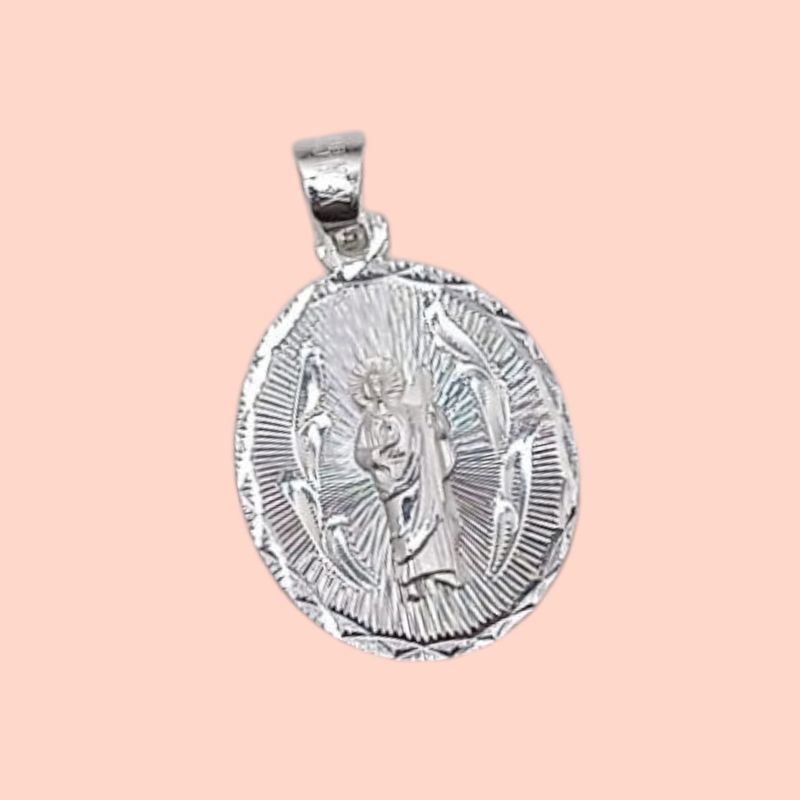 MEDALLA  SAN JUDAS T OVALADA , DIAMANTADA 3.5 CM LARGO TOTAL, PLATA .925