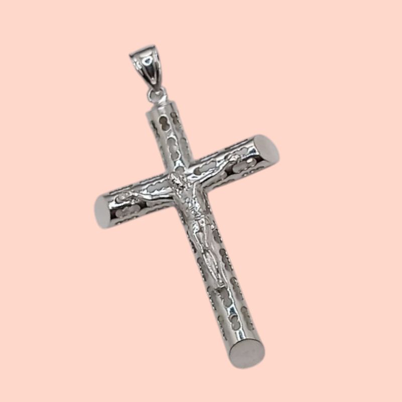 DIJE CRUZ HUECA CON CRISTO 7.5 CM LARGO TOTAL CON ASA, PLATA .925