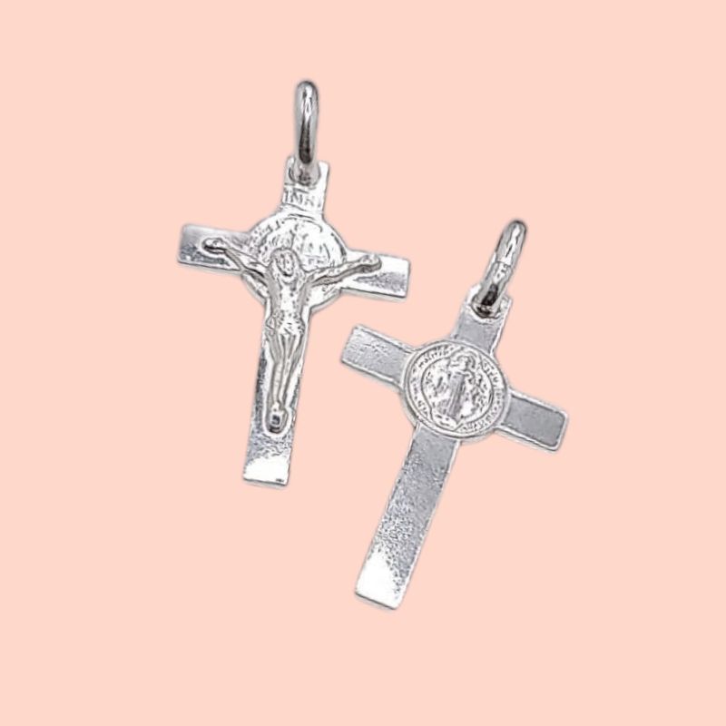 DIJE CRUZ SAN BENITO 4.5 CM LARGO TOTAL CON ASA, PLATA .925