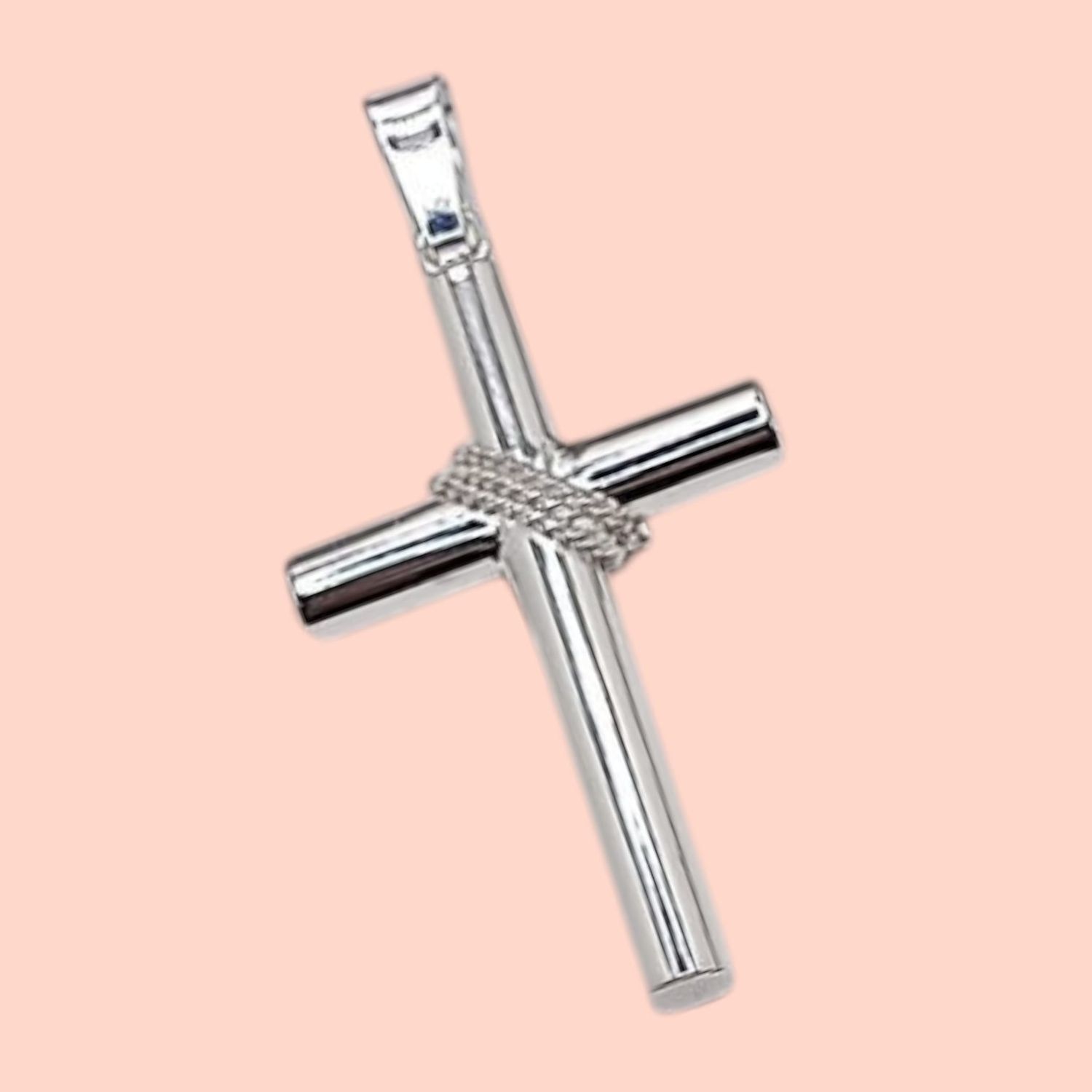 DIJE CRUZ TUBO  CON CUERDA  5 CM LARGO TOTAL CON ASA, PLATA .925