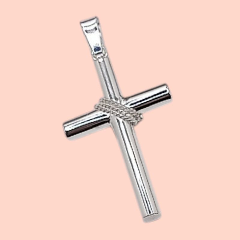 DIJE CRUZ TUBO  CON CUERDA  5 CM LARGO TOTAL CON ASA, PLATA .925