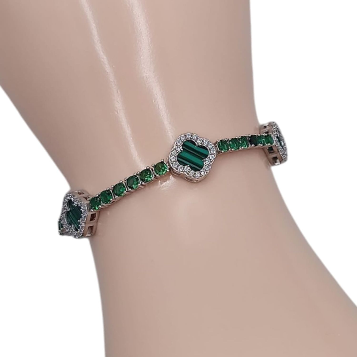 PULSERA TREBOL VERDE 8&quot; PLATA .925