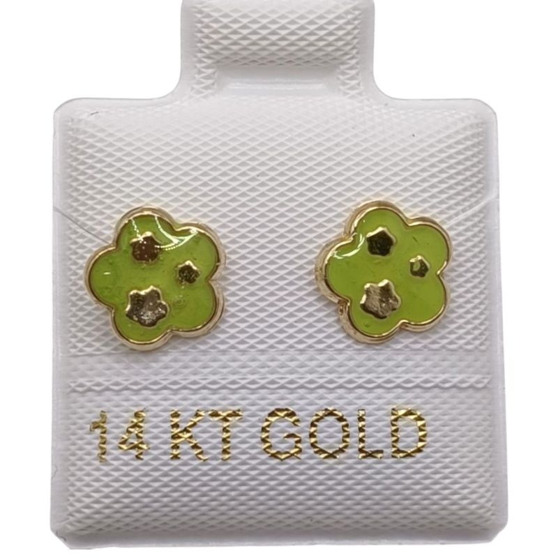 BROQUEL FLOR TRIPLE VERDE ORO 14K