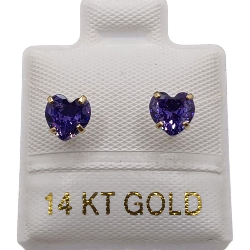 BROQUEL CORAZON MORADO #5 CZ ORO 14K