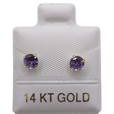BROQUEL REDONDO MORADO #4 CZ ORO 14K