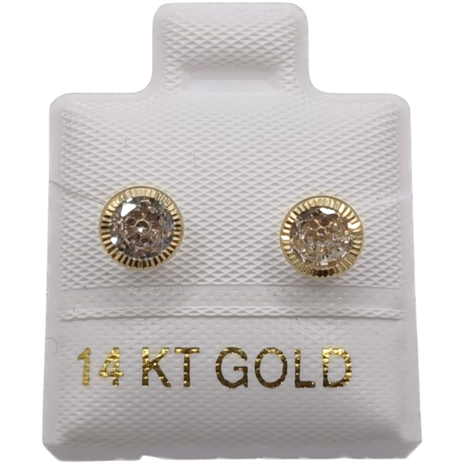 BROQUEL BISEL REDONDO DIAMANTADA CZ  5mm BLANCA ORO 14K
