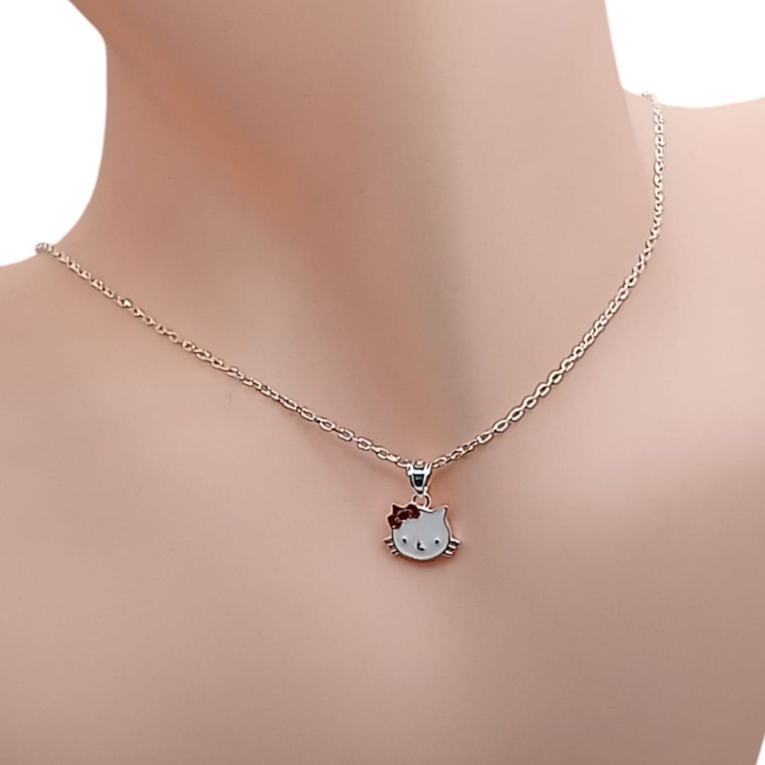 GARGANTILLA 16&quot; ANILLO Y BROQUEL GATITA, PARA NIÑA, PLATA .925