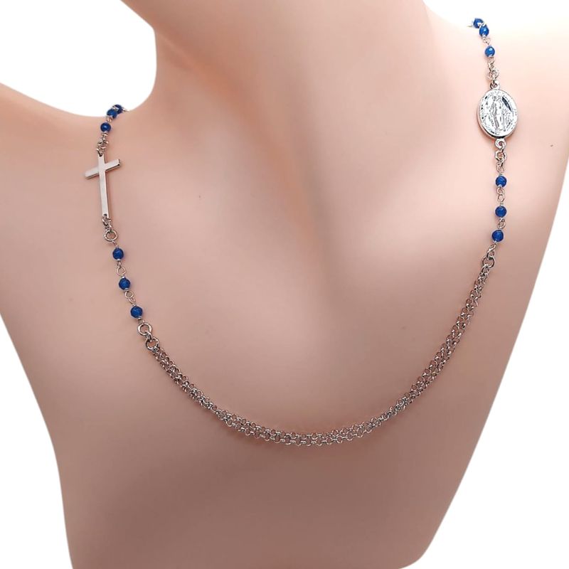 GARGANTILLA 18&quot; A 20&quot; AJUSTABLE CON CRUZ Y V MILAGROSA, AZUL. PLATA .925