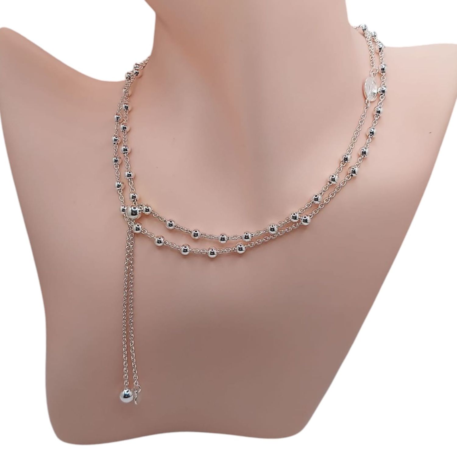 COLLAR, ROSARIO 26&quot;CRUZ Y V DE GPE, BOLA 4MM, PLATA .925
