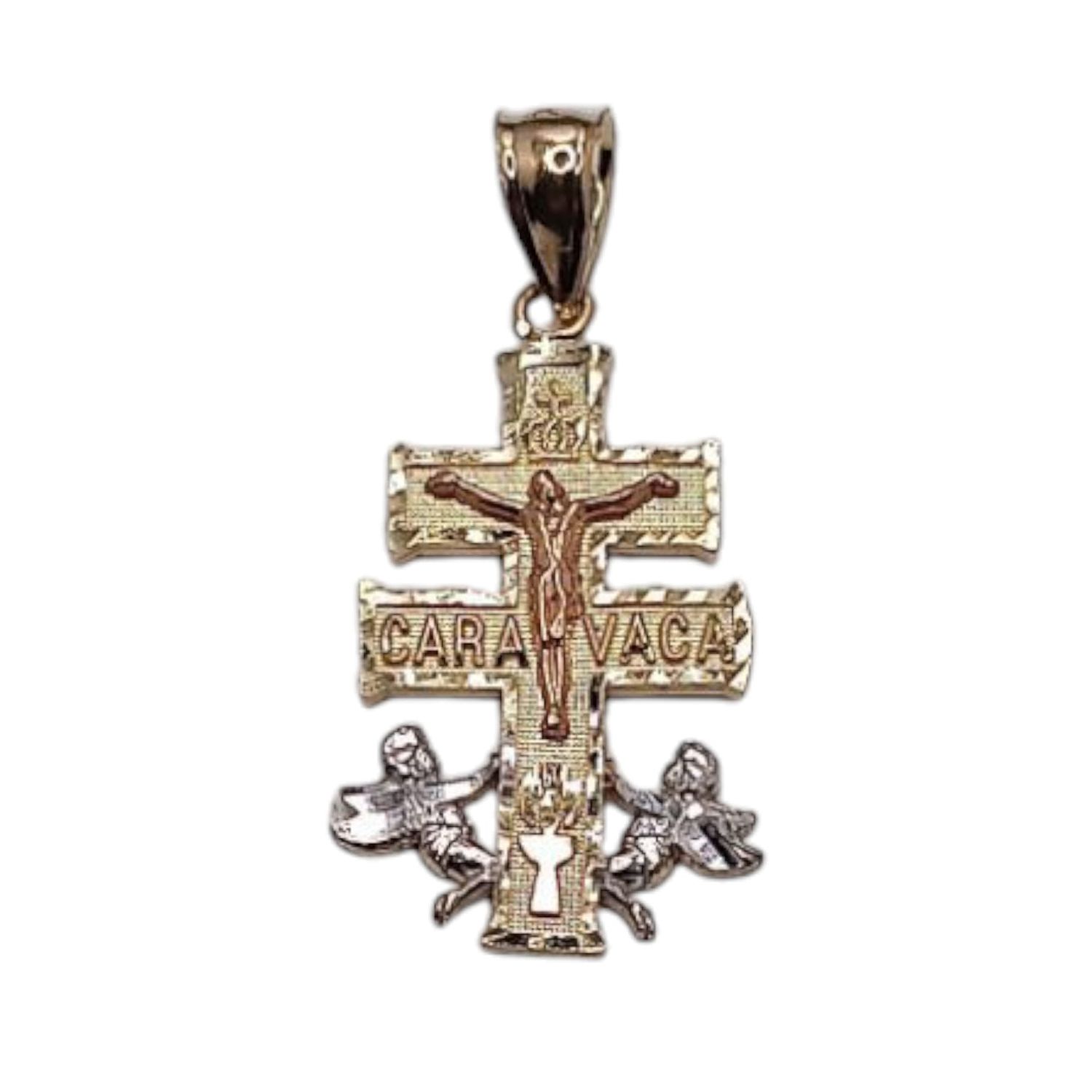DIJE CRUZ DE CARAVACA 3 COLORES 3.5 CM LARGO TOTAL CON ASA  ORO 14K