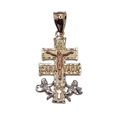 DIJE CRUZ DE CARAVACA 3 COLORES 3.5 CM LARGO TOTAL CON ASA  ORO 14K
