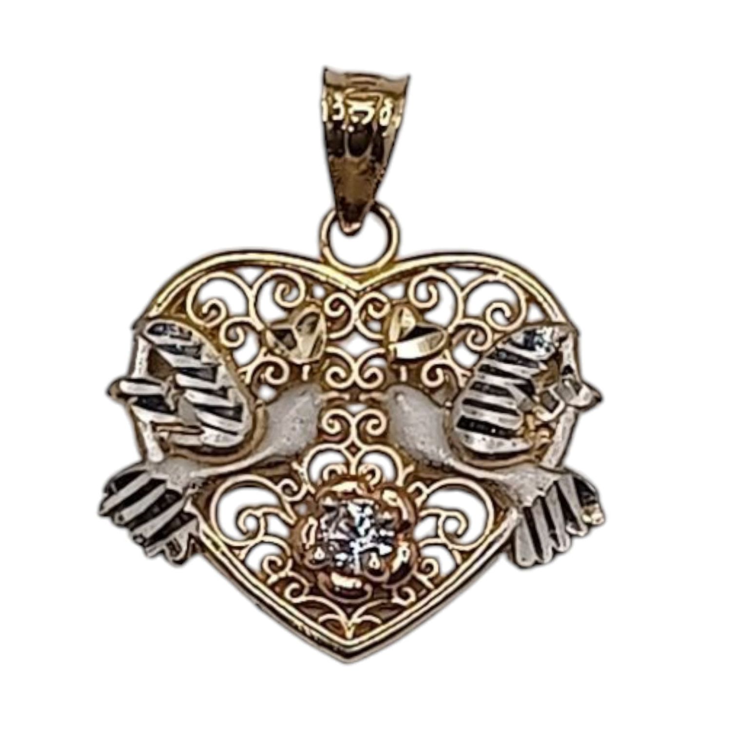 DIJE CORAZON CON PALOMAS, 3 COLORES 2.5 CM LARGO TOTAL CON ASA, ORO 14K