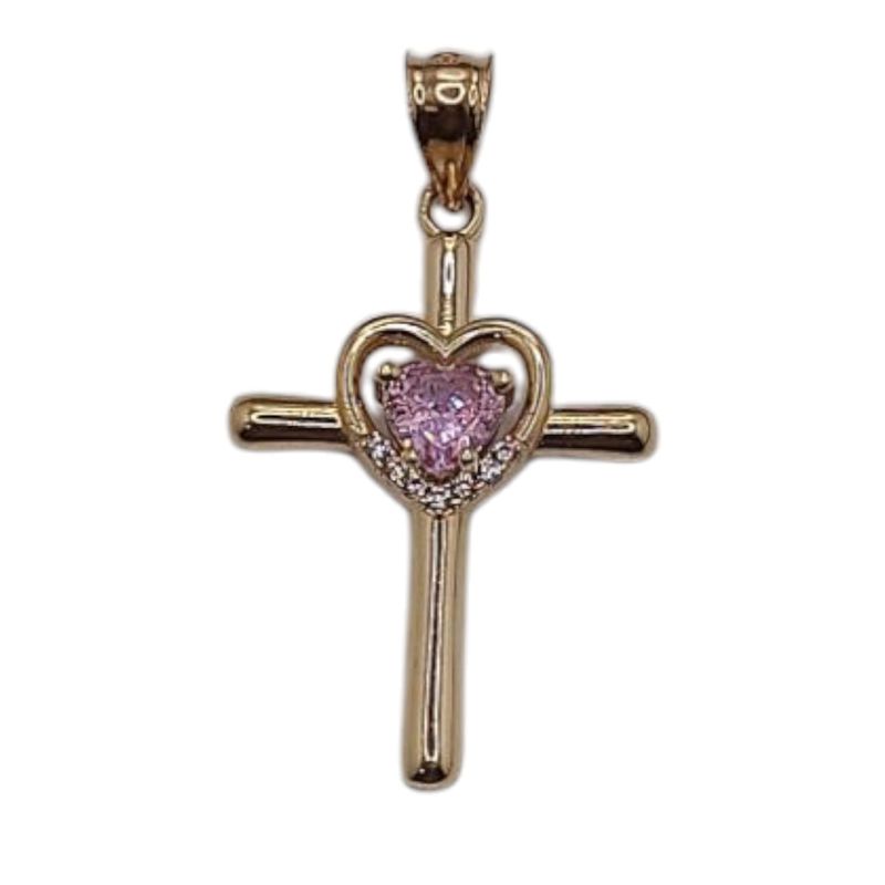 DIJE CRUZ CON CORAZON CZ ROSA, 4 CM LARGO TOTAL, ORO 14K