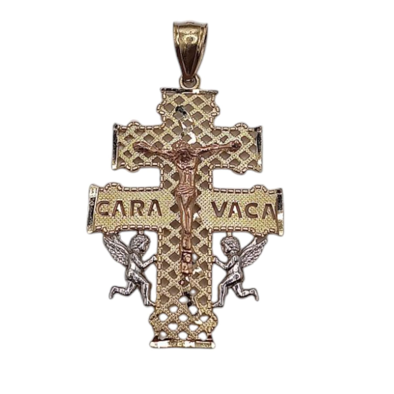 DIJE CRUZ DE CARAVACA 3 COLORES, 4 CM LARGO CON ASA, ORO 14K