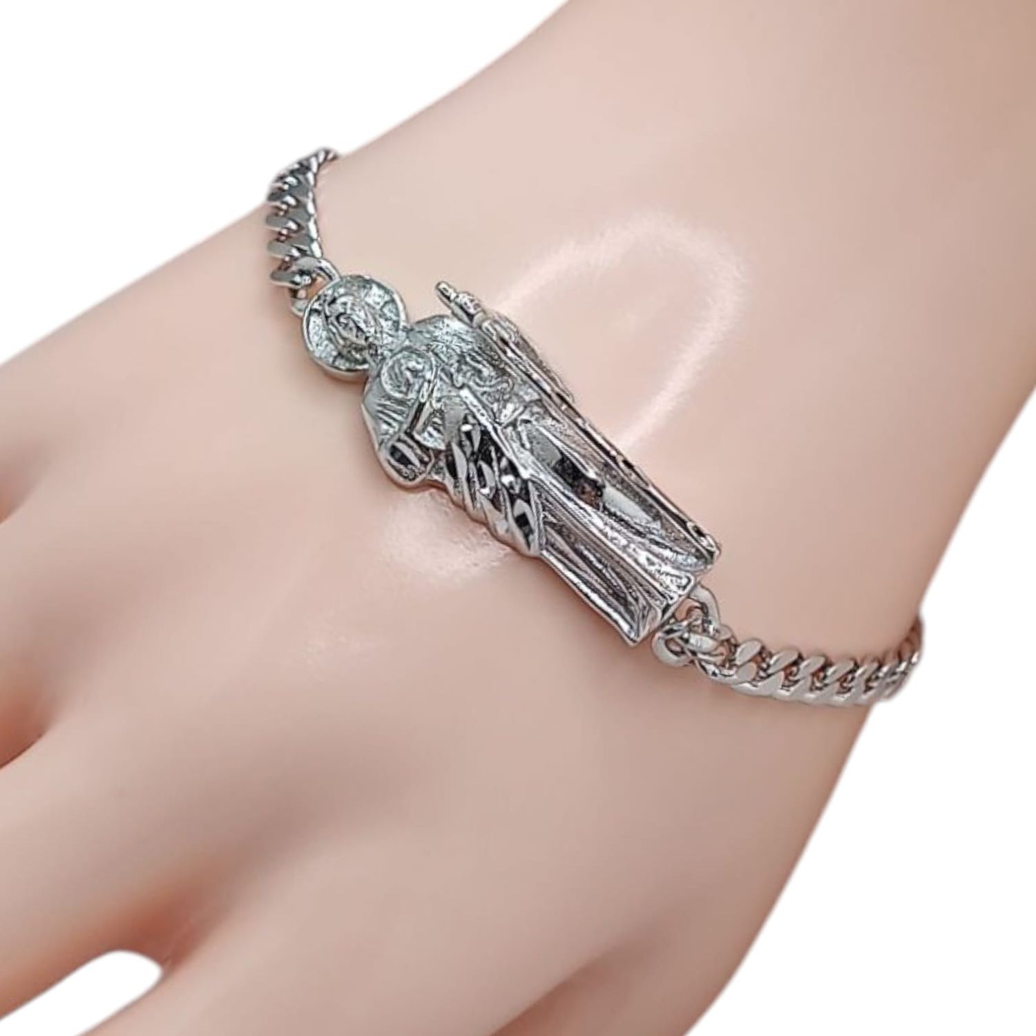 PULSERA CUBANA SAN JUDAS T 7.5&quot; PLATA .925
