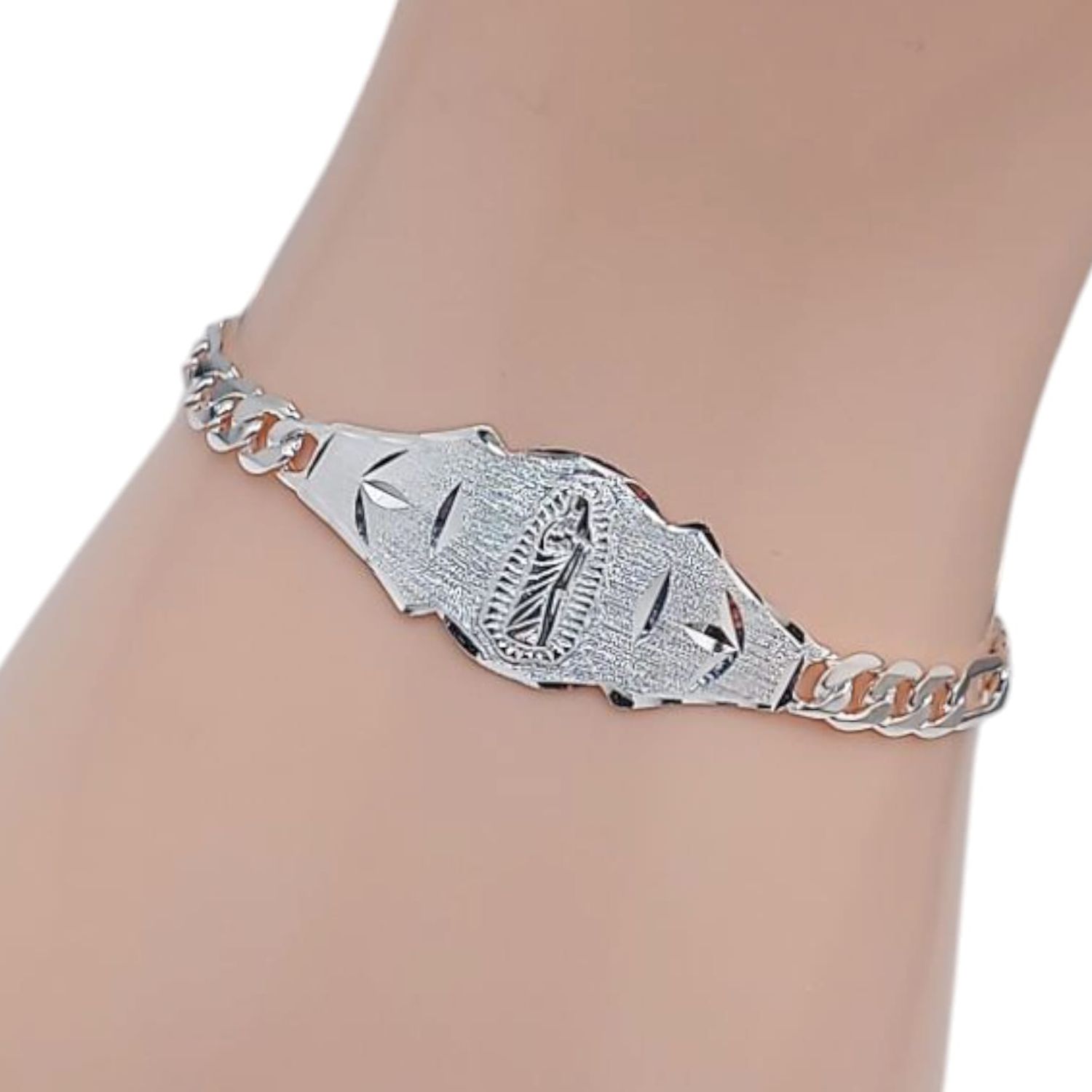 PULSERA FIGARO CON PLACA GUADALUPE, 7&quot; 5MM PLATA .925