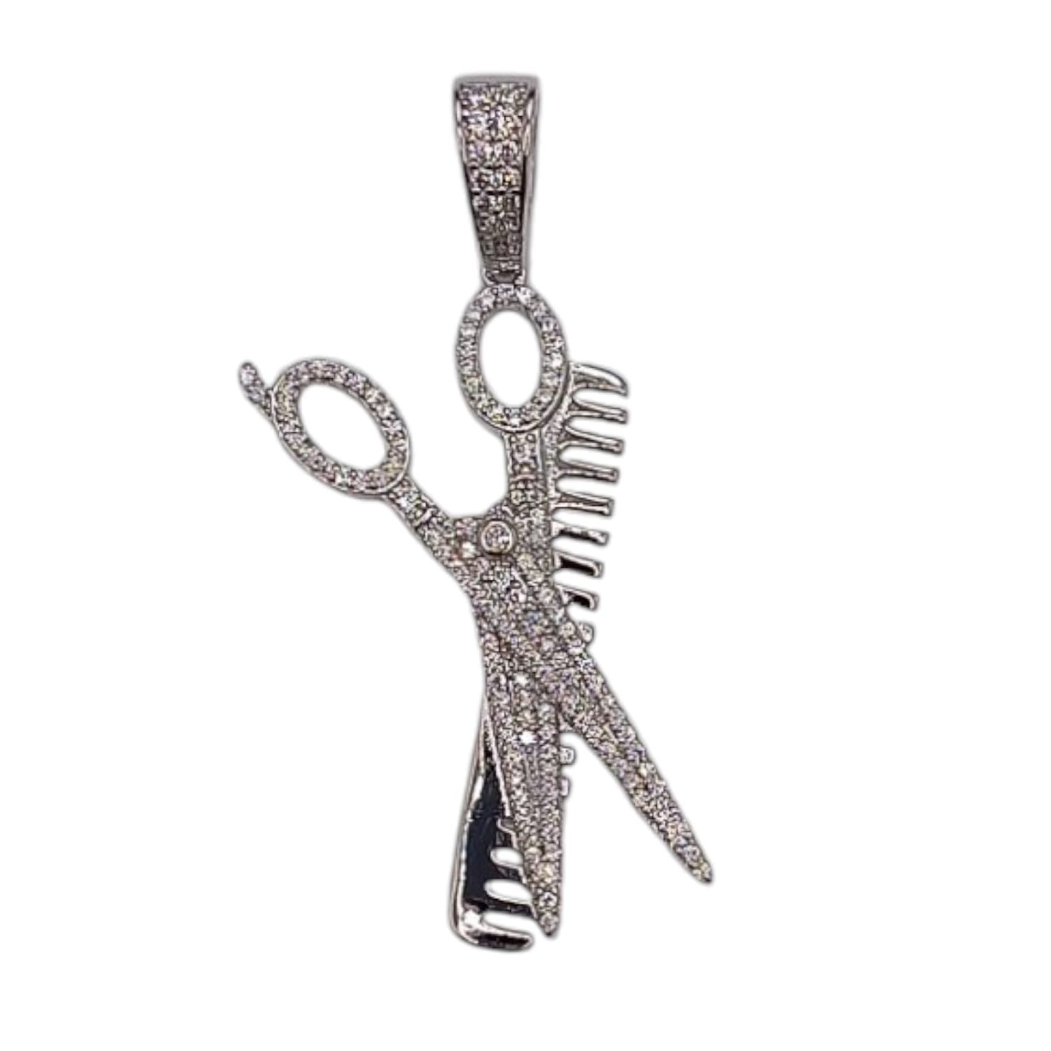 DIJE PEINE Y TIJERA CON MINI CZ, 5 CM LARGO TOTAL, PLATA .925
