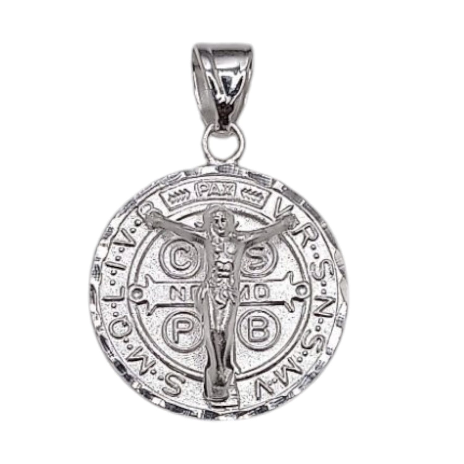 DIJE SAN BENITO CON CRISTO 3.3 CM LARGO CON ASA, PLATA .925
