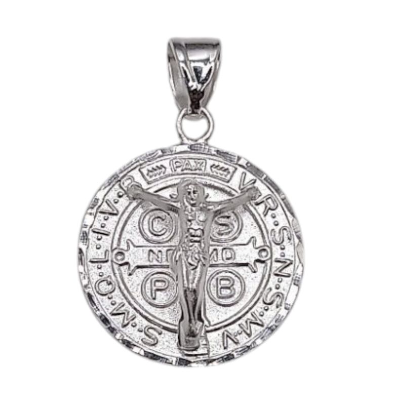DIJE SAN BENITO CON CRISTO 3.3 CM LARGO CON ASA, PLATA .925