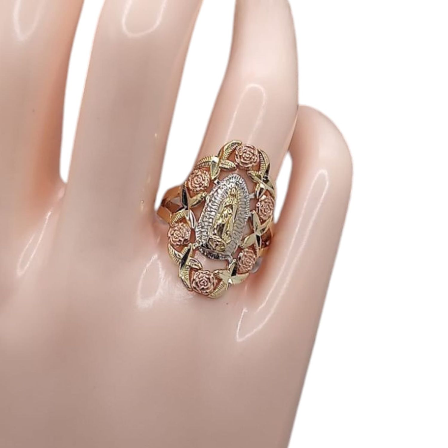 ANILLO VIRGEN DE GPE CON ROSAS,  #8, ORO 14K
