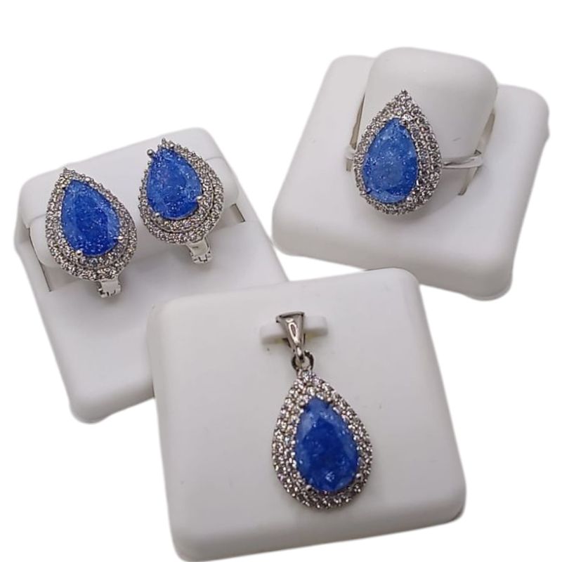 JUEGO ARETES, DIJE Y ANILLO # 8, GOTA CZ AZUL  PLATA .925
