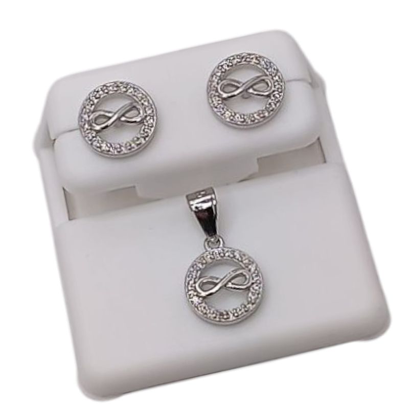 JUEGO DE ARETE Y DIJE INFINITO, BROCHE MARIPOSA, PLATA .925