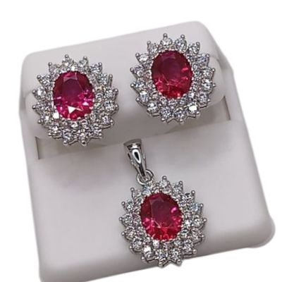 JUEGO DE ARETE Y DIJE CZ ROJA Y BCA, BROCHE MARIPOSA  PLATA  .925