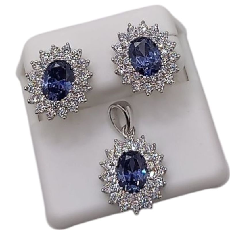 JUEGO DE ARETE Y DIJE CA AZUL Y BCA, PLATA .925