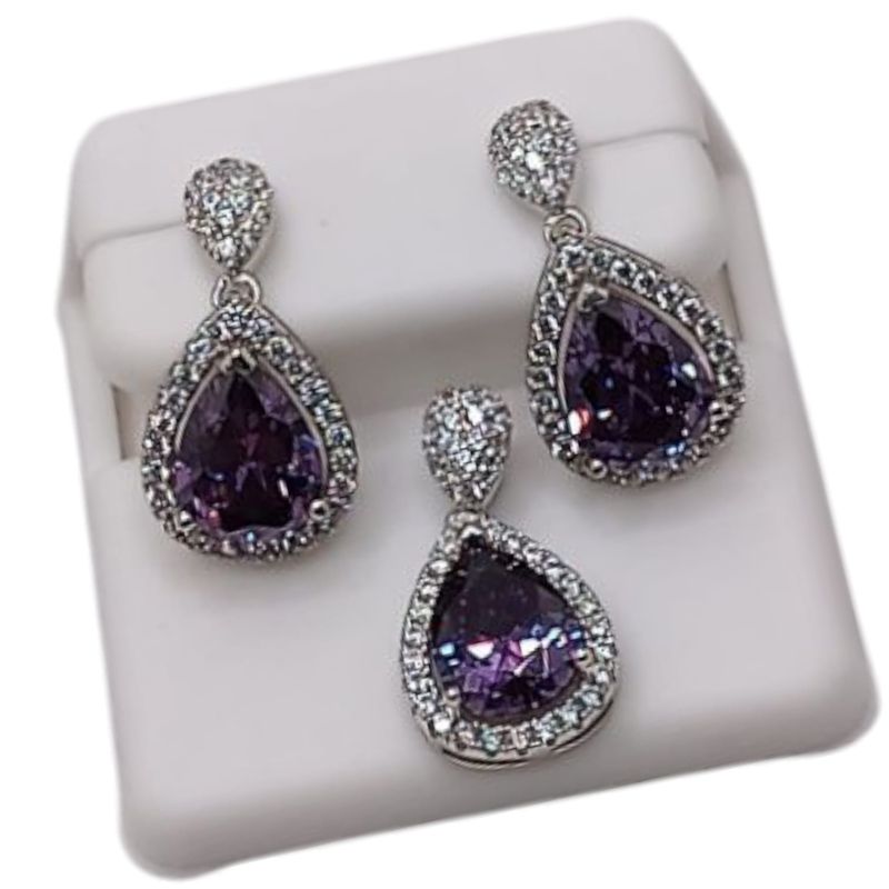 JUEGO DE ARETE BROCHE MARIPOSA Y DIJE GOTA LILA, PLATA .925