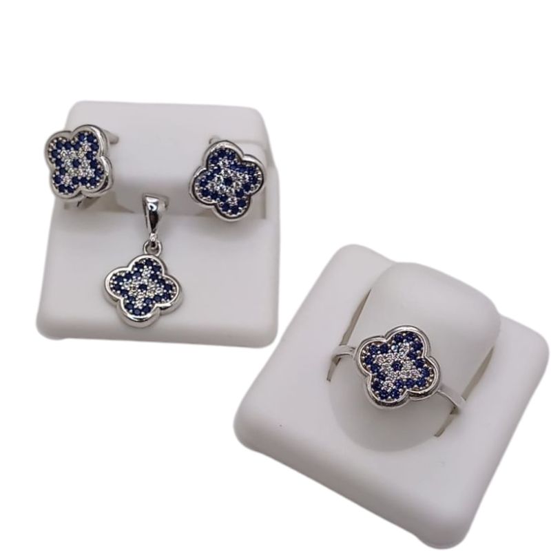 JUEGO ARETE, DIJE Y ANILLO #8 TREBOL AZUL, PLATA .925