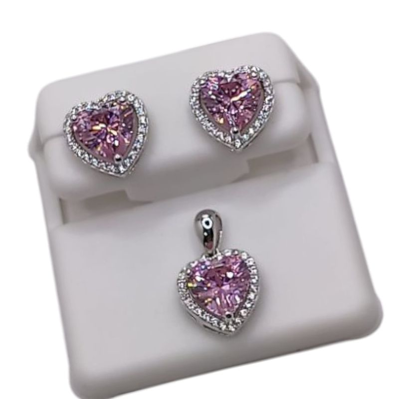 JUEGO DE ARETE BROCHE MARIPOSA Y DIJE CORAZON CZ ROSA, PLATA .925