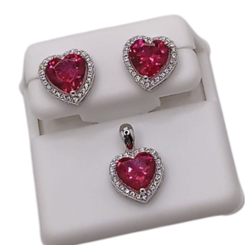 JUEGO DE ARETE BROCHE MARIPOSA Y DIJE CORAZON CZ ROJA, PLATA .925