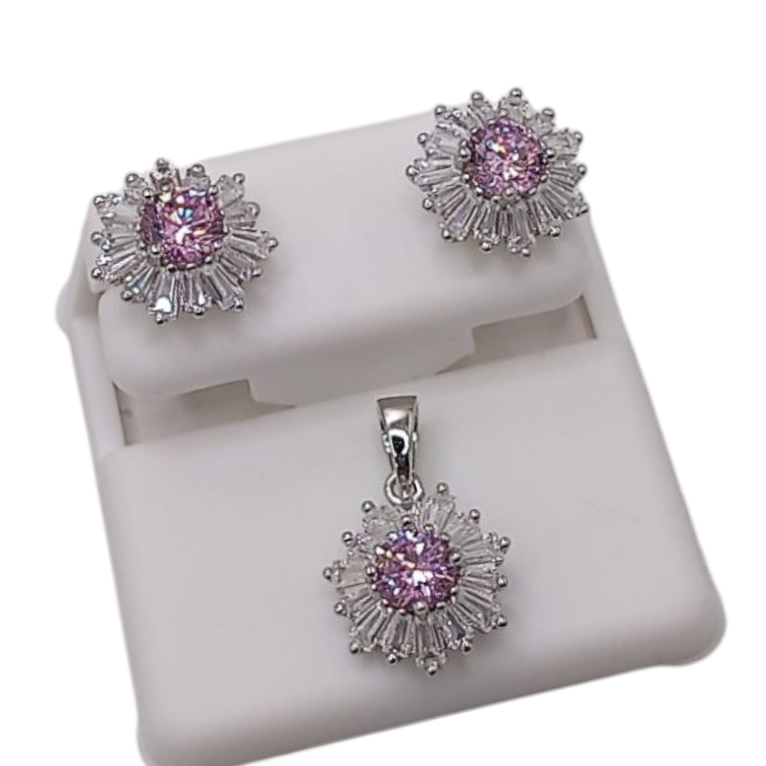 JUEGO ARETE BROCHE MARIPOSA Y DIJE BAGUETT Y CZ ROSA, PLATA .925