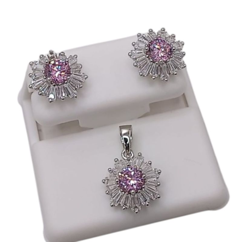 JUEGO ARETE BROCHE MARIPOSA Y DIJE BAGUETT Y CZ ROSA, PLATA .925
