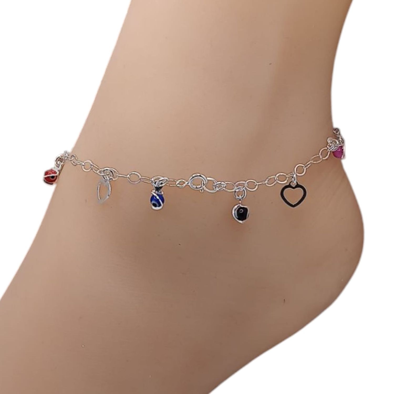 TOBILLERA CORAZONES CON OJITO DE COLORES 10&quot;, PLATA .925