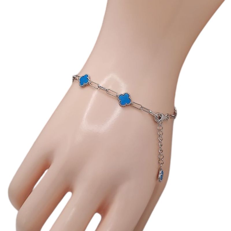 PULSERA TREBOL AZUL 7&quot; AJUSTABLE, PLATA .925