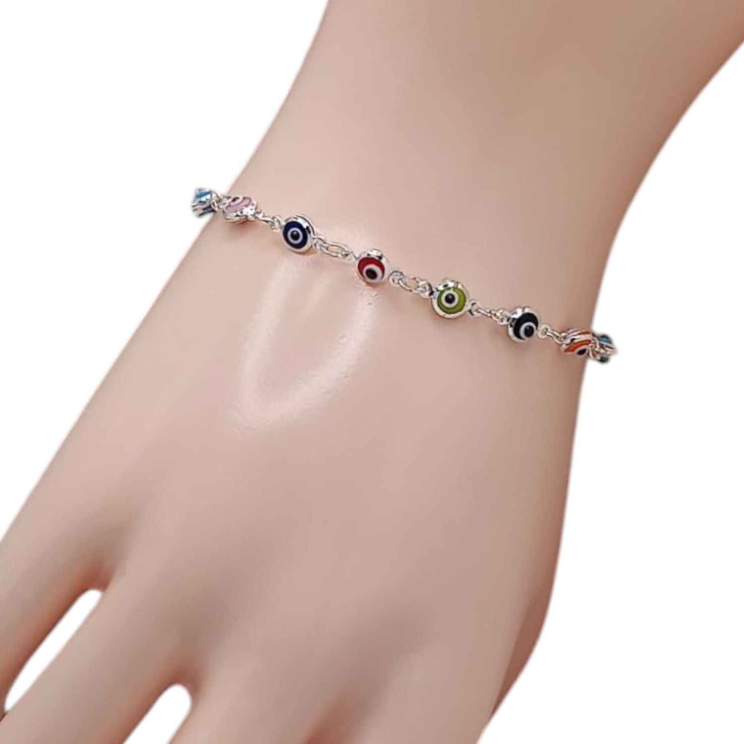 PULSERA OJITOS DE COLORES 6.5&quot; PLATA .925