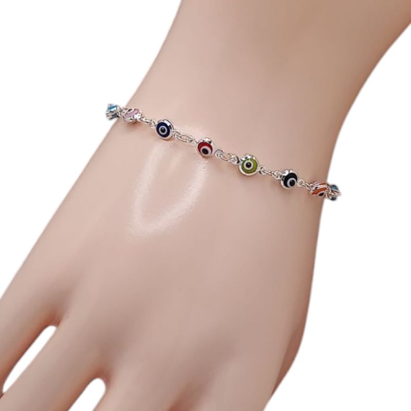 PULSERA OJITOS DE COLORES 6.5&quot; PLATA .925
