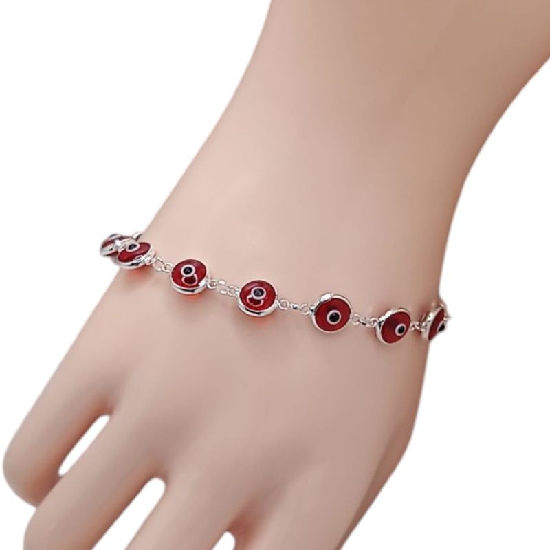 PULSERA OJITO ROJO 8MM, 8&quot; PLATA .925