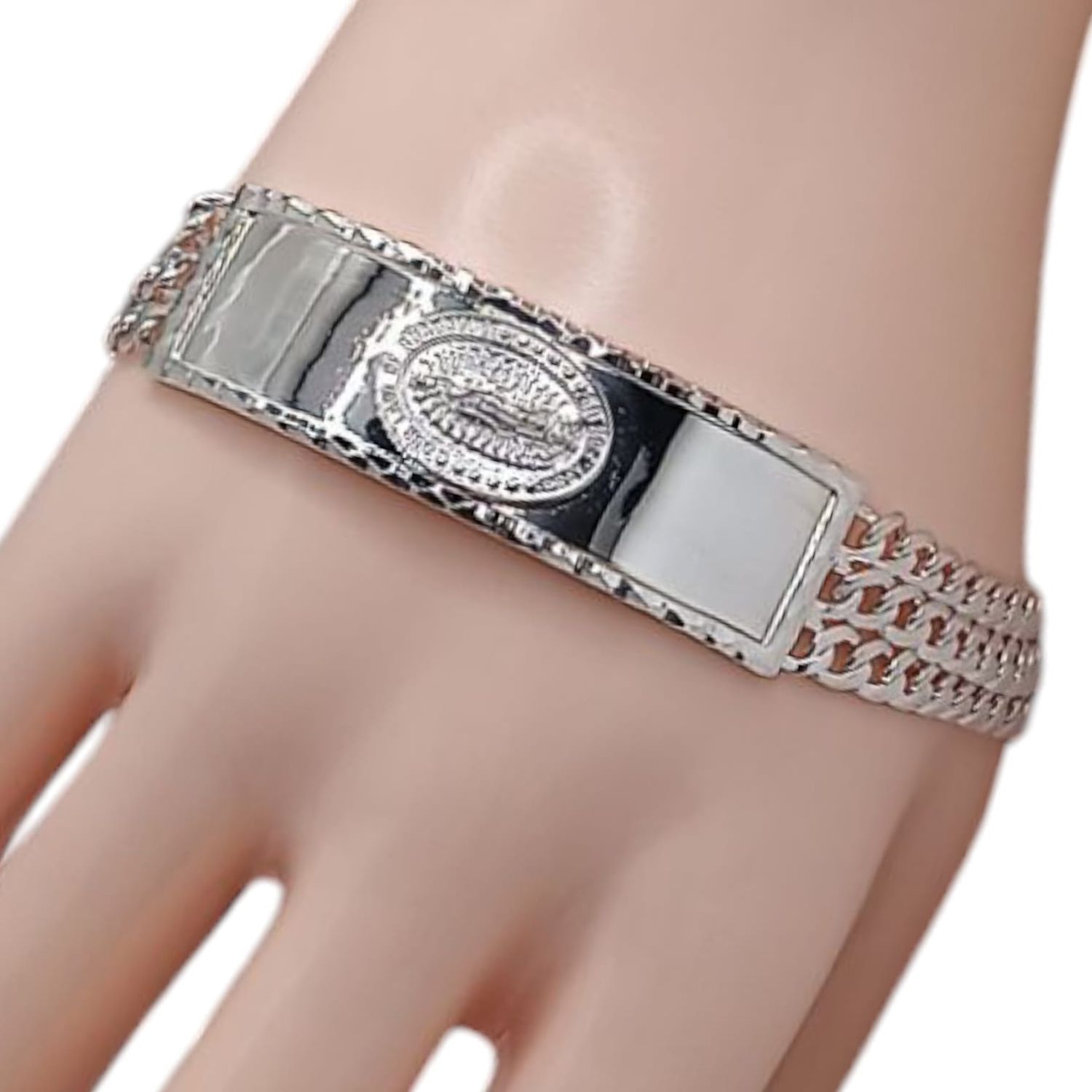 PULSERA 8&quot; 3 CADENAS Y PLACA CON VIRGEN DE GPE, PLATA .925