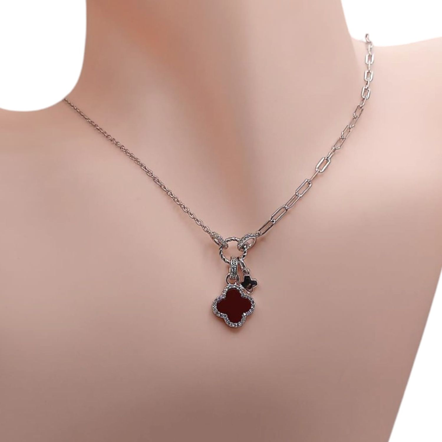 GARGANTILLA 16&quot; HASTA 18&quot; TREBOL ROJO CON CZ, PLATA .925