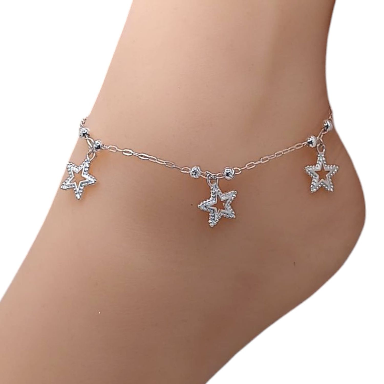 Tobillera con Estrellas y bola espiga. 9.5&quot; de largo PLATA .925
