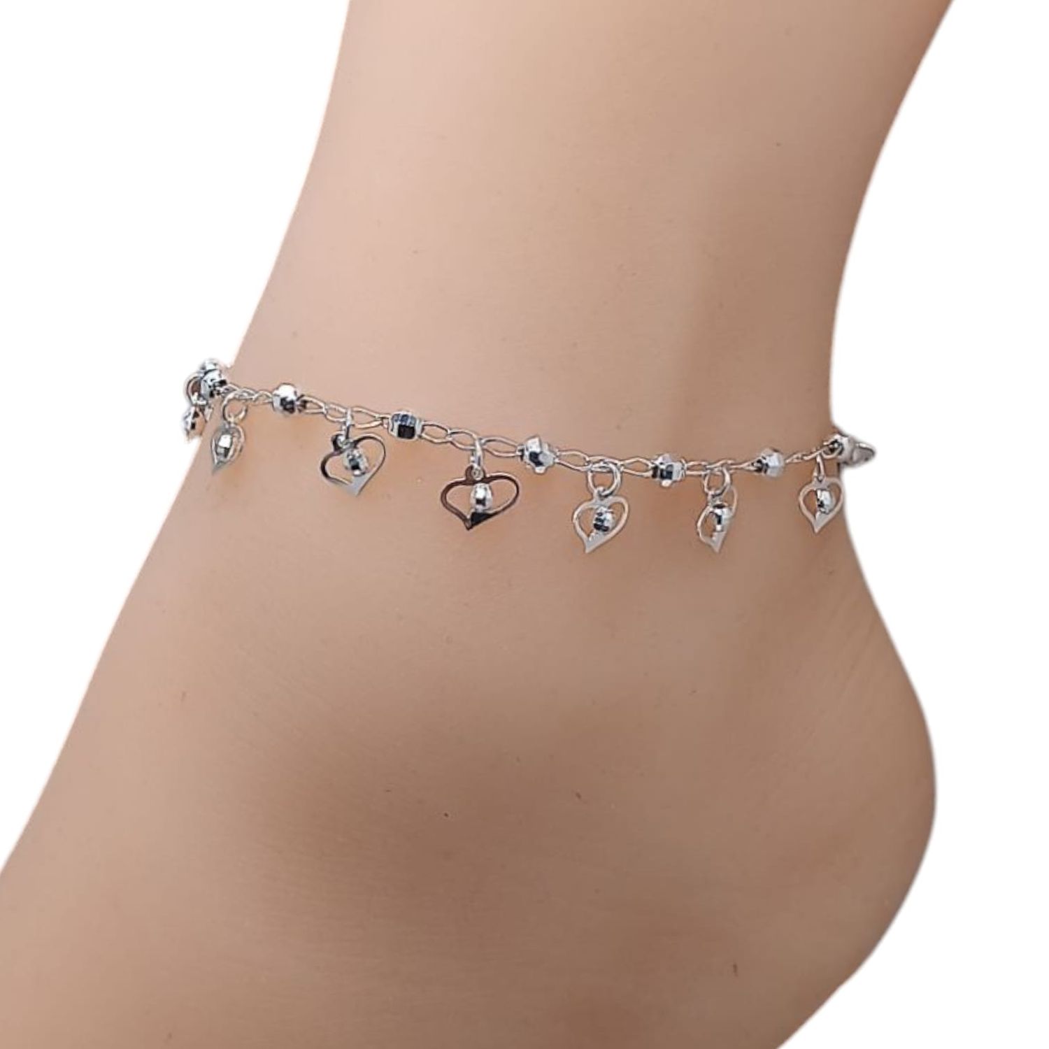 TOBILLERA Y CORAZONES CON BOLA FACETADA. 9.5&quot; PLATA .925