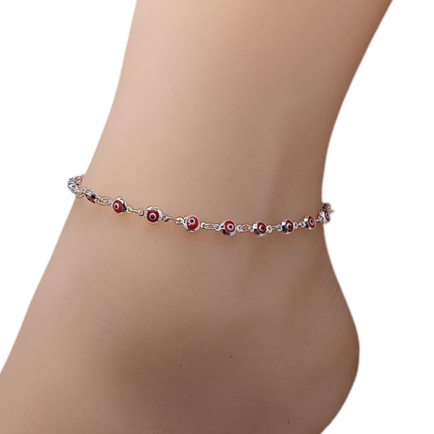 TOBILLERA OJITOS 9&quot; 4 MM  ROJO, PLATA .925
